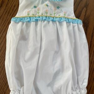 Petit Ami White and Blue Embroidered Bubble Romper